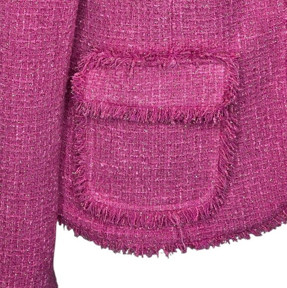 Boston Proper Pink Wool Blend Tweed Fringe Blazer Size 10 - Picture 6 of 9